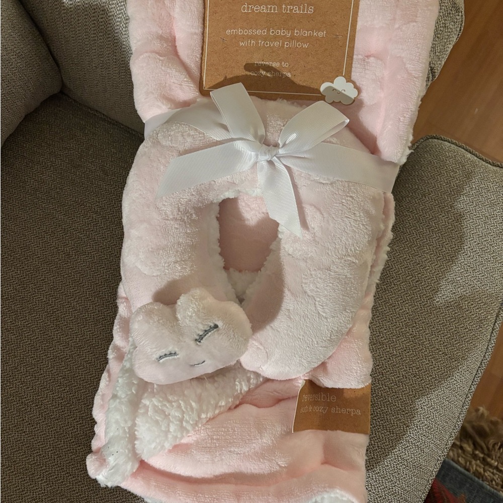 Pink Embossed Baby Blanket with Travel Pillow